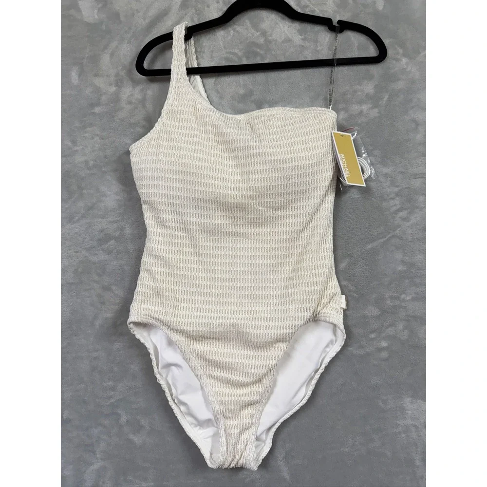 NWT Michael Kors One Piece Swimsuit Women Cream Gold Metallic Shoulder 6 $134